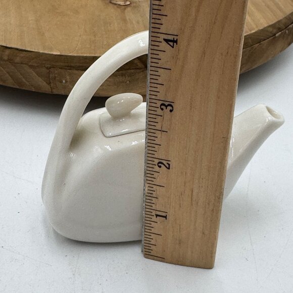 Miniature White Ceramic Teapot With Removable Lid Unique Handle Design Collectib - Picture 7 of 9
